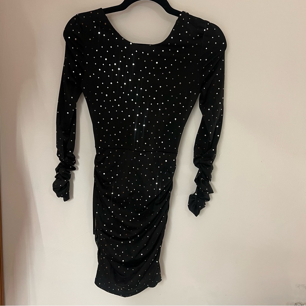 Lucy in the Sky Black Rhinestone Ruched Mini Dress – Size Small